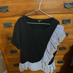 Black Short-Sleeve Top with Blue-White Striped Ruffle
